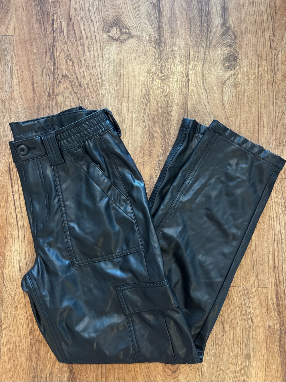 American Eagle Outfitters Black Faux Leather Straight Leg Cargo Pants